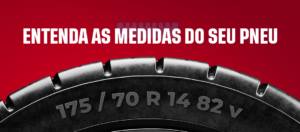 Imagem com fundo vermelho e metade de um pneu mostrando as medidas